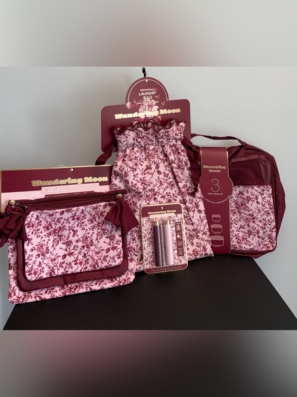 Wandering Moon | Wine Floral Packing Cube Travel Set (9)